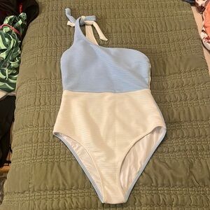 Blue and white swimsuit